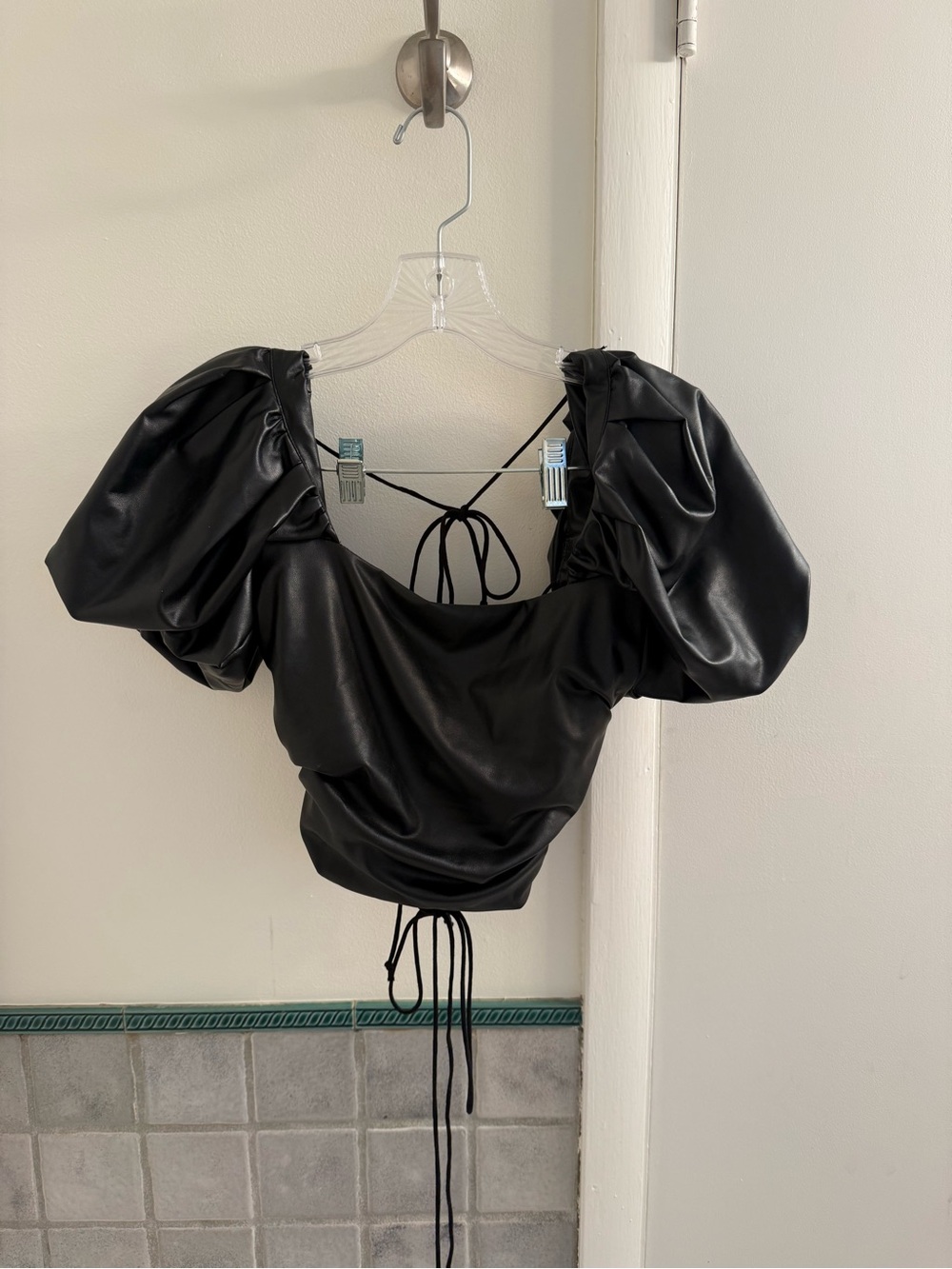 Black Faux Leather Puff Sleeve Crop Top with Tie Back